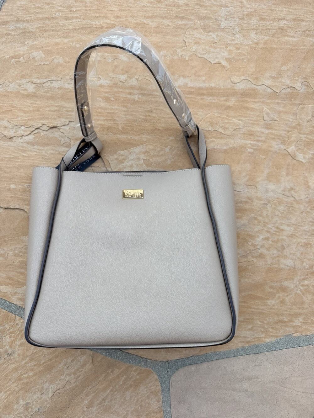 Badgley Mischka New York Taupe Structured Tote Bag Large Faux Leather Handbag CC